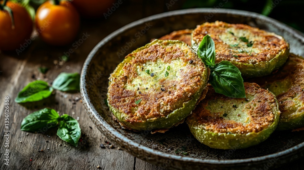 Delicious Breaded Green Tomatoes with Fresh Basil on Rustic Plate Delicious Breaded Green Tomatoes with Fresh Basil on Rustic Plate