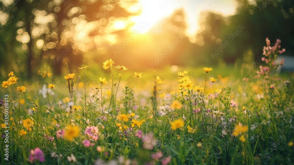 Obraz premium Vibrant Wildflower Meadow Bathed in Glowing Sunset Light