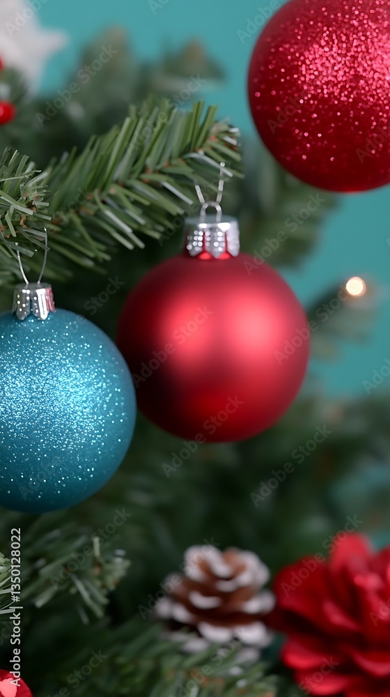 Fototapeta premium Festive Christmas Ornaments on Teal Background.