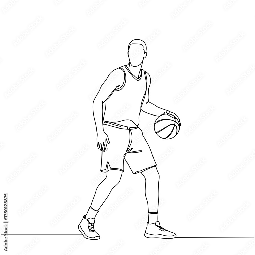 Fototapeta premium Basketball player dribbling ball in minimalist line art 