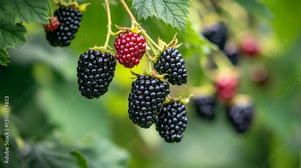 A bunch of ripe blackberry fruits on a branch with green leaves.Ripe blackberry fruits in the garden or forest.Blackberry harvest. A bunch of ripe blackberry fruits on a branch with green leaves.Ripe blackberry fruits in the garden or forest.Blackberry harvest.