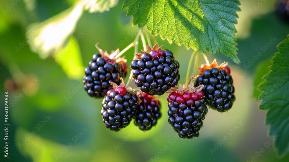 A bunch of ripe blackberry fruits on a branch with green leaves.Ripe blackberry fruits in the garden or forest.Blackberry harvest. A bunch of ripe blackberry fruits on a branch with green leaves.Ripe blackberry fruits in the garden or forest.Blackberry harvest.