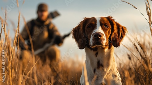 Focused hunting dog, attentive hunter in the background