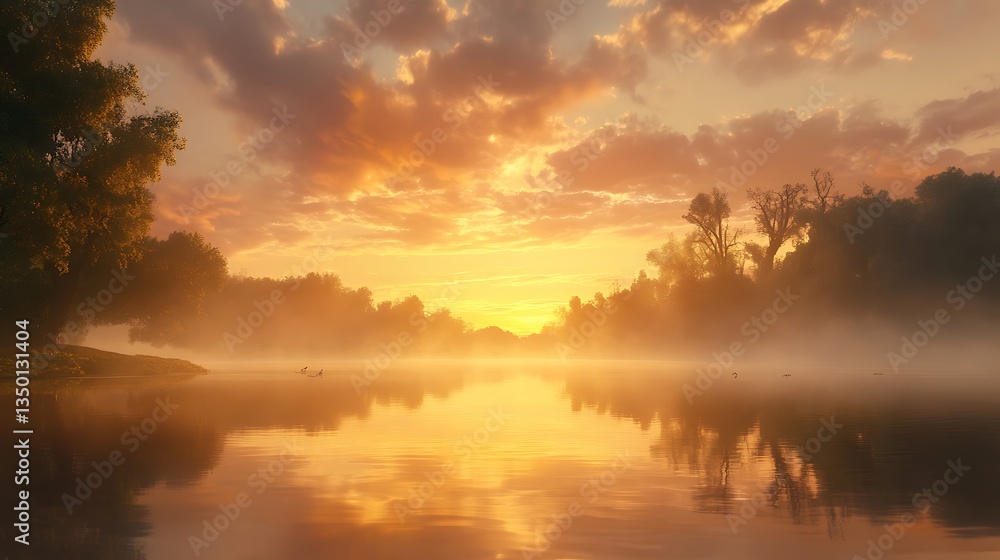 Obraz premium Golden Dawn Over a Mirror-Like Lake, Wrapped in Mist and Stillness