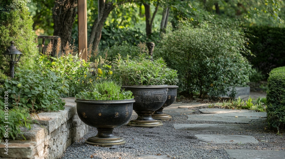Elegant Garden Planters with Lush Greenery in Serene Outdoor Setting Elegant Garden Planters with Lush Greenery in Serene Outdoor Setting