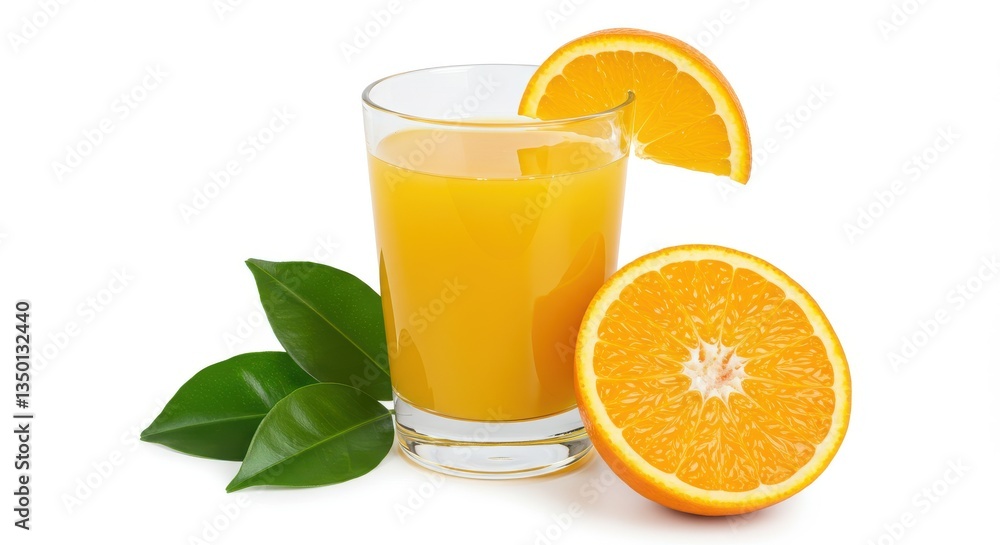 A glass of orange juice with a slice and half of an orange and green leaves on a white background A glass of orange juice with a slice and half of an orange and green leaves on a white background