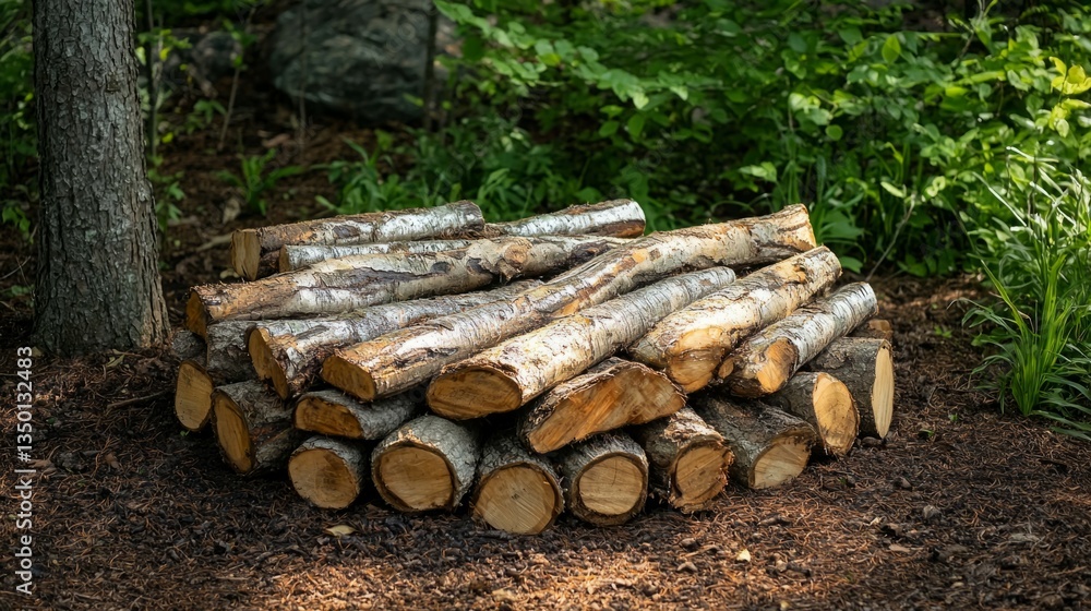 Stacked Logs in Forest Environment Surrounded by Lush Greenery Stacked Logs in Forest Environment Surrounded by Lush Greenery