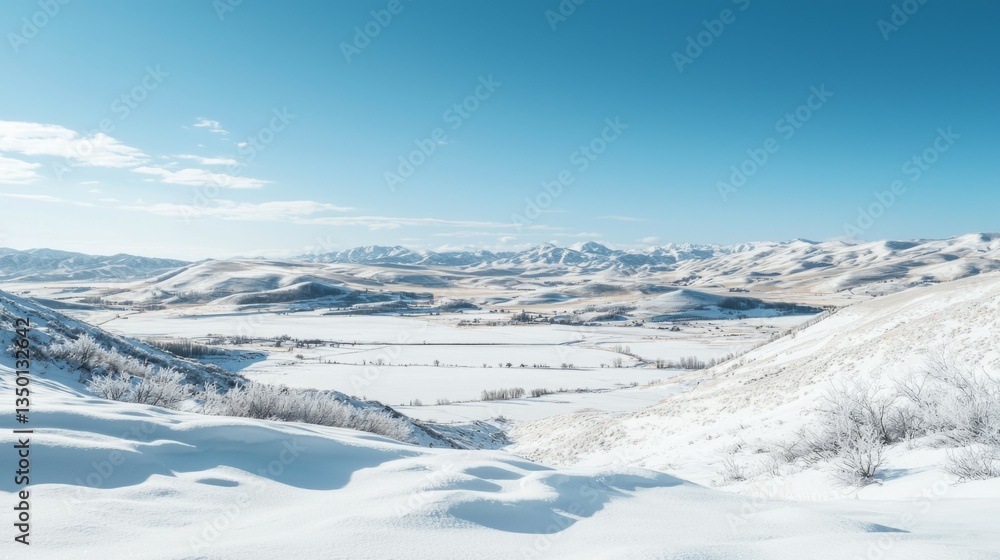 Snowy Landscape with Mountains Under Bright Blue Sky in Winter Snowy Landscape with Mountains Under Bright Blue Sky in Winter