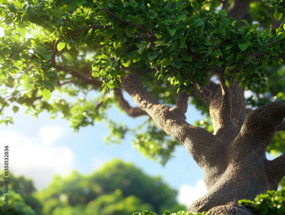 Obraz premium Lush tree canopy, sunlight, forest background