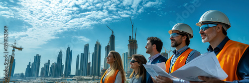 Construction engineers at work with high-rise towers in the background