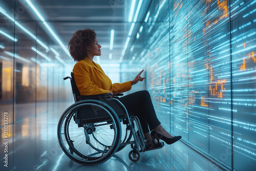 A businesswoman in a wheelchair works on transparent monitor
