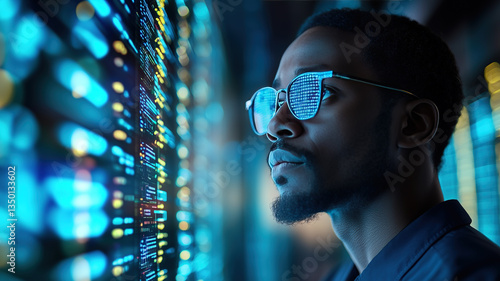 A focused young man wearing reflective glasses examines a digital data screen filled with glowing blue and yellow codes. The futuristic setting emphasizes technology and and cybersecurity.