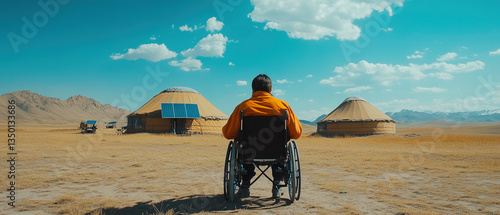 A man sitting in a wheelchair in front of mongolian tents equipped with solar panels
