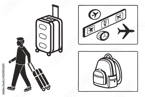 49 Travel icons, luggage symbols, suitcase designs, backpack illustrations, trolley bag outlines, carry-on luggage, travel accessories, airport security icons, baggage claim symbols, vacation packing 