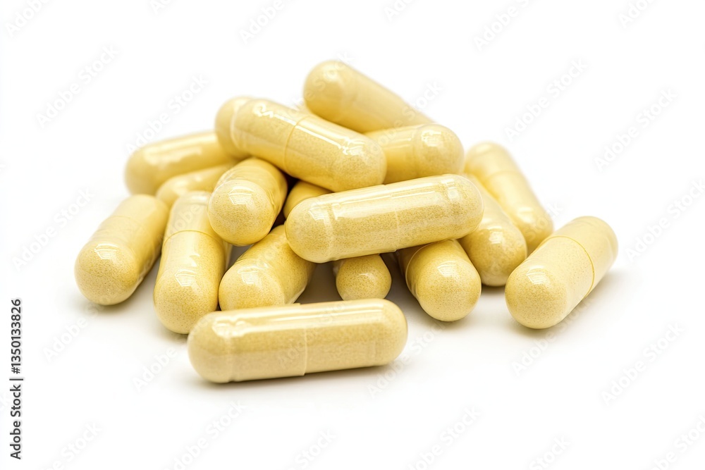 Pile of light yellow capsules on white background Pile of light yellow capsules on white background