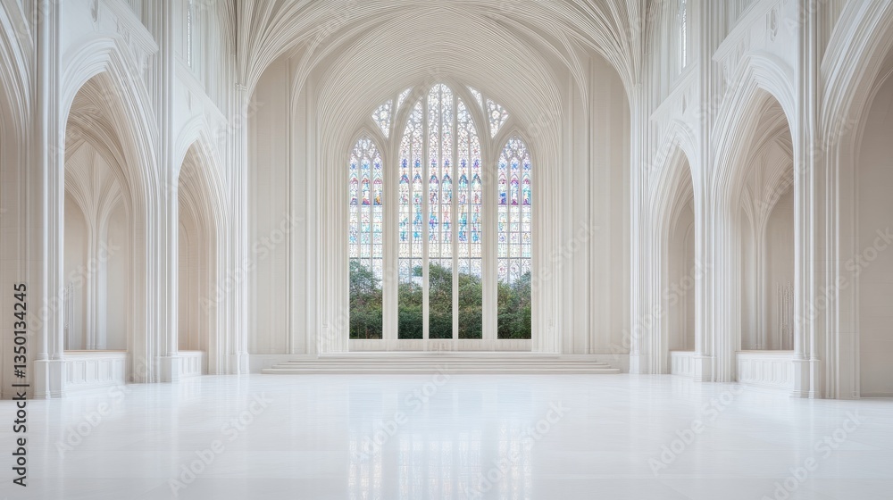 Majestic white cathedral interior with stained glass window Majestic white cathedral interior with stained glass window