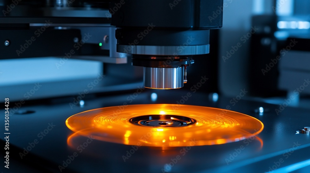 Illuminated Vinyl Record Production: A Close-up of a Modern Record Pressing Machine Illuminated Vinyl Record Production: A Close-up of a Modern Record Pressing Machine