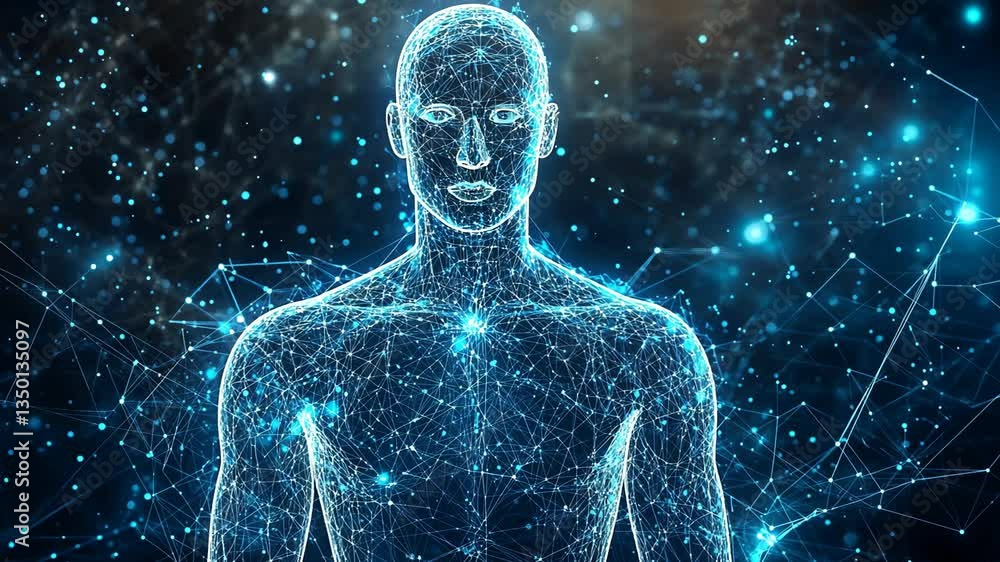 A futuristic male figure in cyberspace symbolizes advanced technology and humanitys complex evolution amidst the rapid changes in innovation and digital advancement we experience daily A futuristic male figure in cyberspace symbolizes advanced technology and humanitys complex evolution amidst the rapid changes in innovation and digital advancement we experience daily