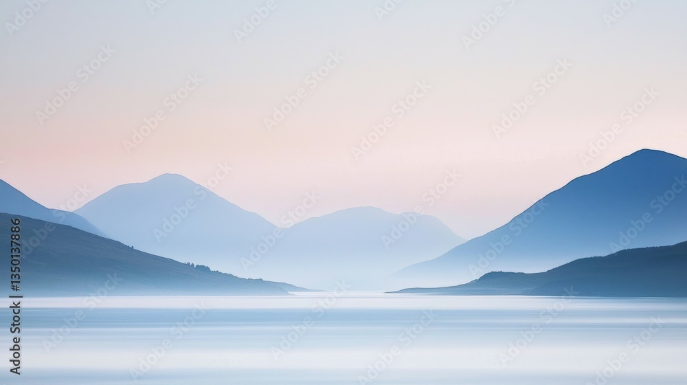 Serene Landscape with Misty Mountains and Calm Water Reflections Serene Landscape with Misty Mountains and Calm Water Reflections
