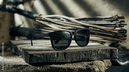 Stylish Black Sunglasses on Natural Elements – Fashion Accessory Photography 1