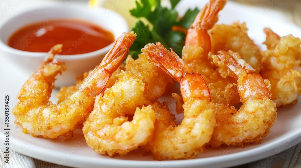Crispy Fried Shrimp with Dipping Sauce and Fresh Garnish Crispy Fried Shrimp with Dipping Sauce and Fresh Garnish