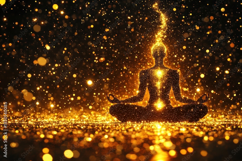 Golden energy flows through meditating figure, sparkling background, spiritual wellness concept Golden energy flows through meditating figure, sparkling background, spiritual wellness concept