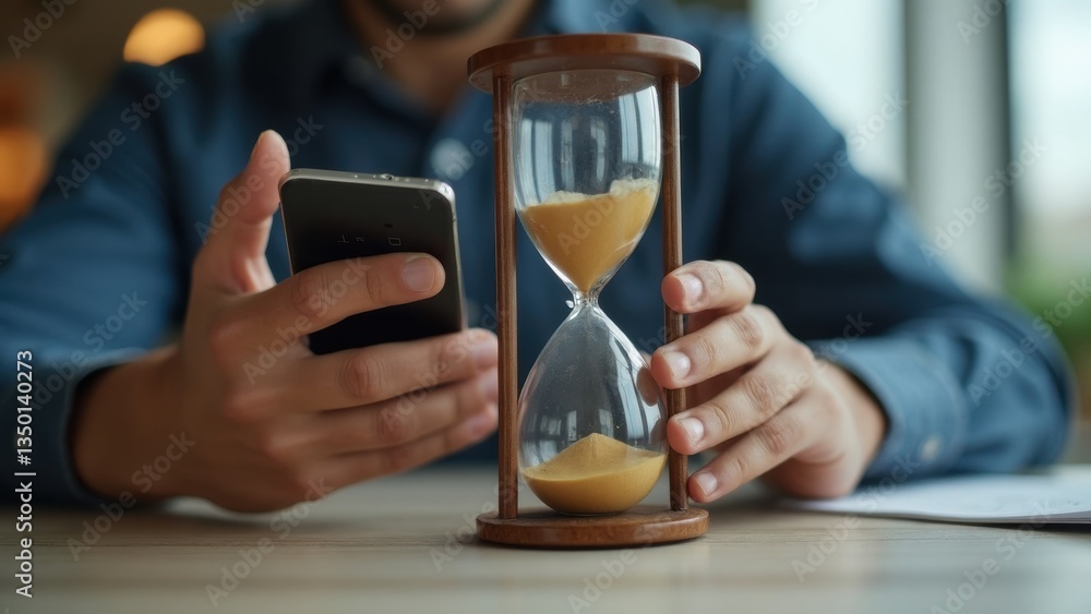 Man is holding a cell phone and a sand timer. The sand timer is set to a time of one minute. The man is looking at his phone