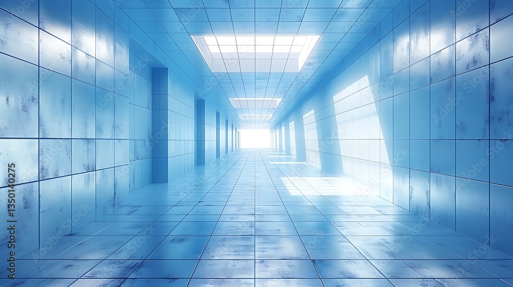 Futuristic hallway with reflective tiles leading to bright light, creating a sense of depth and tranquility Futuristic hallway with reflective tiles leading to bright light, creating a sense of depth and tranquility