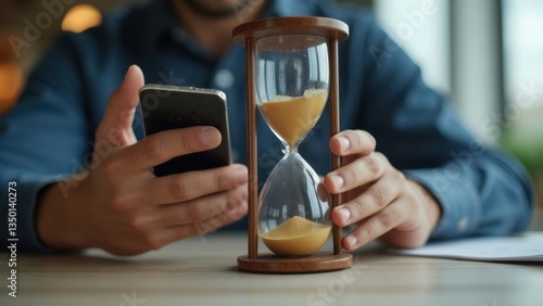 Obraz na płótnie Man is holding a cell phone and a sand timer. The sand timer is set to a time of one minute. The man is looking at his phone w salonie