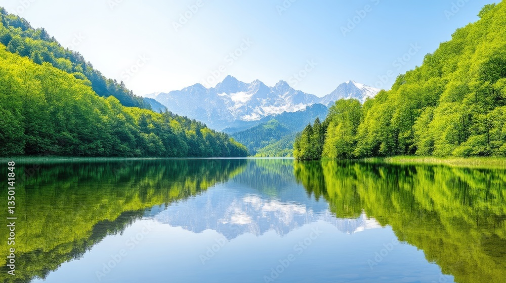 Fototapeta premium Serene alpine lake reflecting lush mountain scenery. Tranquil morning light