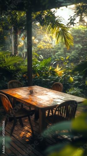 Cozy Wooden Table Surrounded by Lush Greenery in a Serene Garden Setting Duri...
