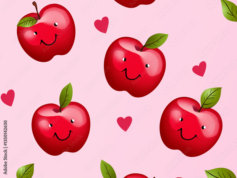 Smiling Apples Dance Joyfully Among Hearts in a Cheerful Summer Pattern Smiling Apples Dance Joyfully Among Hearts in a Cheerful Summer Pattern