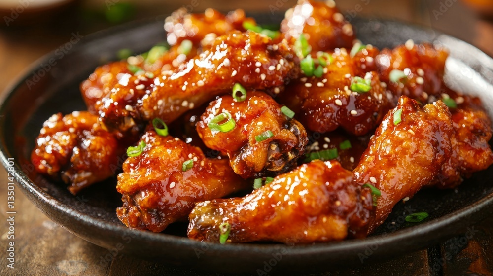 Delicious Spicy Chicken Wings with Sesame and Green Onion Garnish Delicious Spicy Chicken Wings with Sesame and Green Onion Garnish