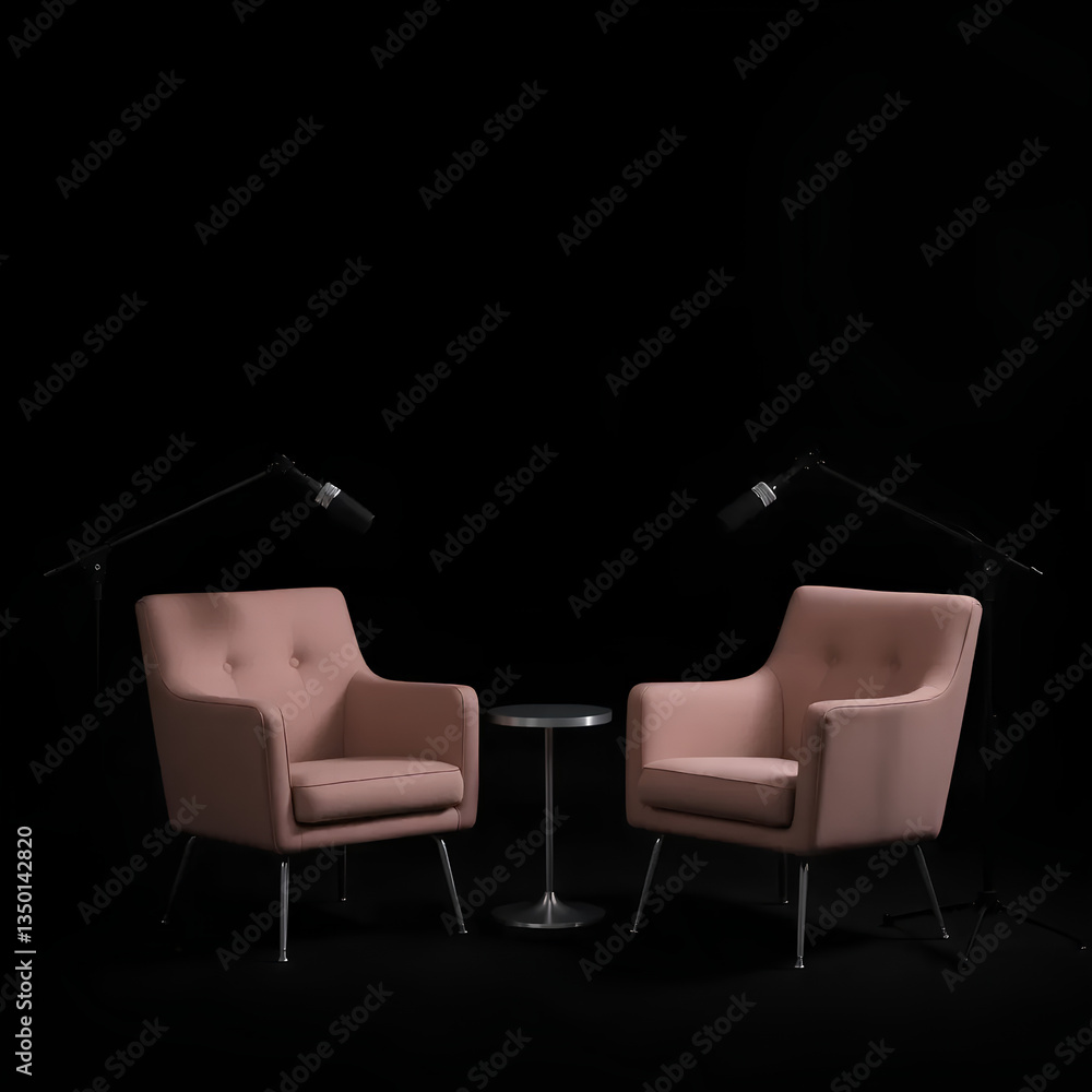 Fototapeta premium Where voices meet and ideas spark—podcast setup in focus.
