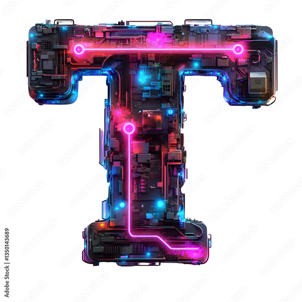 Futuristic letter T composed of intricate circuit boards and illuminated by vibrant neon lights on a clean white background. Futuristic letter T composed of intricate circuit boards and illuminated by vibrant neon lights on a clean white background.