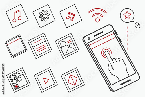 52 Smartphone icons, mobile app symbols, linear design, tech interface elements, digital device pictograms, user experience icons, minimalist UI graphics, phone features illustrations, touchscreen ges