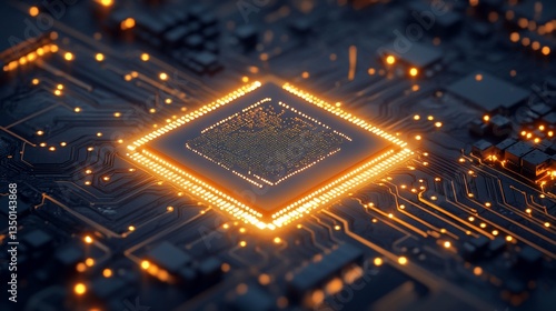 CPU Chip Illuminated on Circuit Board