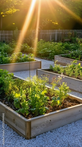 Sunshine Illuminates Vibrant Garden Beds in a Serene Outdoor Space During Lat...