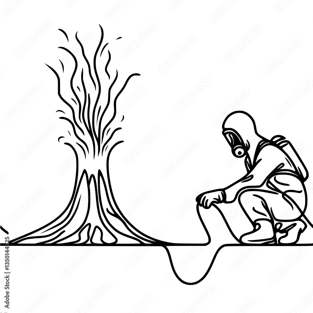 Obraz premium Person in gas mask controlling a fire against a sketched background , single line drawing