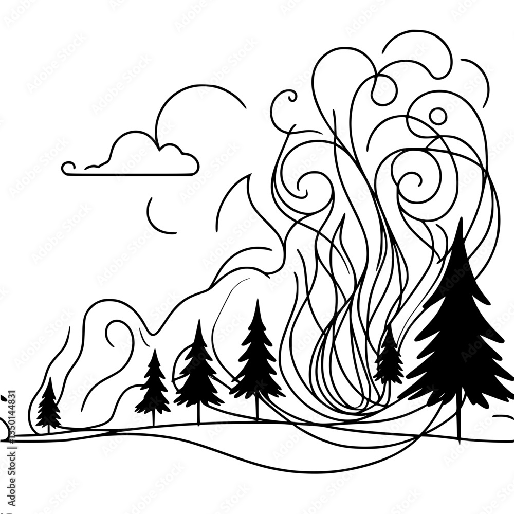 Fototapeta premium Black line art of trees and swirling wind against a blank background , single line drawing 