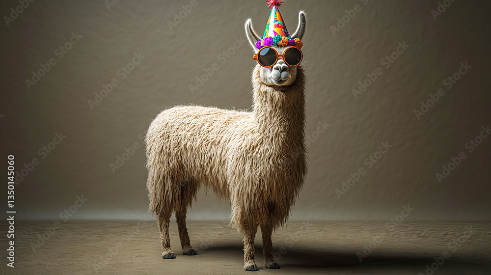 Obraz premium Stylish llama in a sleek coat, festive hat and trendy sunglasses on a light colored background