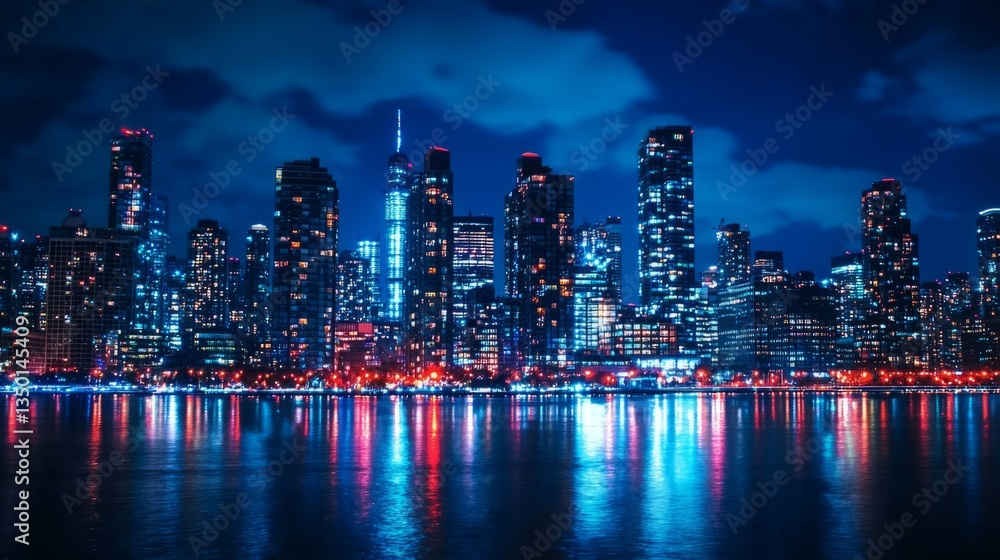 Fototapeta premium Nighttime Cityscape Reflections with Sparkling Urban Lights