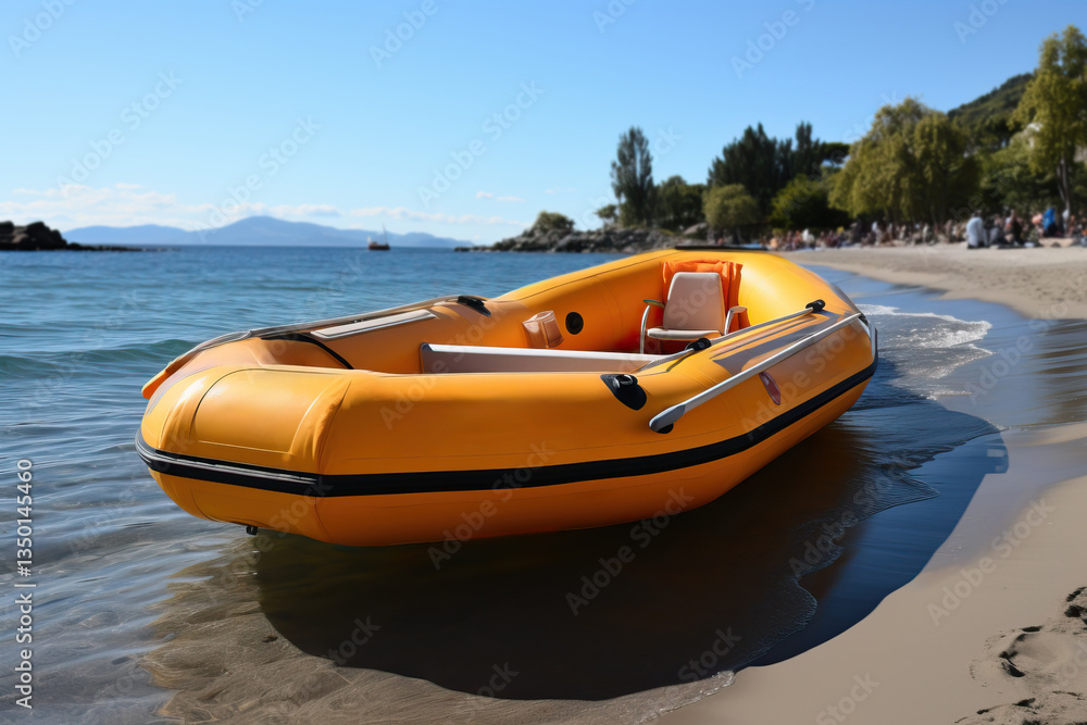 Fototapeta premium Yellow inflatable rescue boat on the beach.
