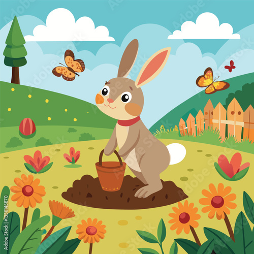 Bunny Gardening in a Colorful Garden