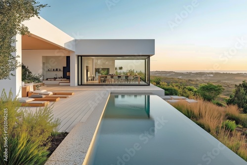 Modern Villa With Infinity Pool Overlooking Serene Landscape During Sunset