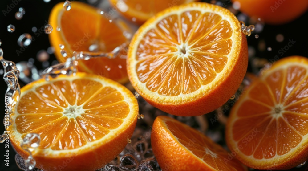 Close-up of fresh orange slices with detailed texture, suspended in water splashes, vibrant citrus tones, clear droplets, dark background, high contrast lighting, juicy and refreshing composition.
Close-up of fresh orange slices with detailed texture, suspended in water splashes, vibrant citrus tones, clear droplets, dark background, high contrast lighting, juicy and refreshing composition.