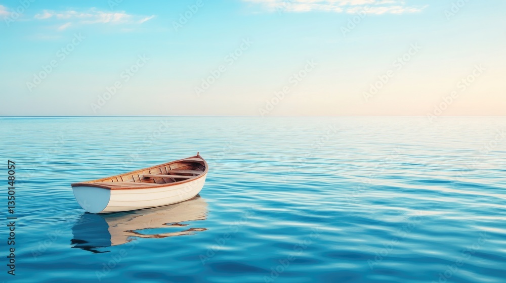 Naklejka premium Empty Rowboat on Calm Ocean Sunrise