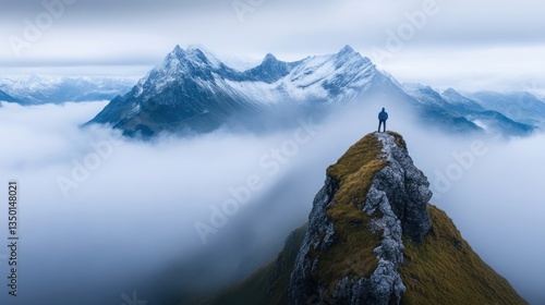 Solitary figure atop a mountain peak, shrouded in mist (1)