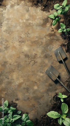Gardening Tools and Fresh Green Plants in Earthy Soil During Springtime Prepa...