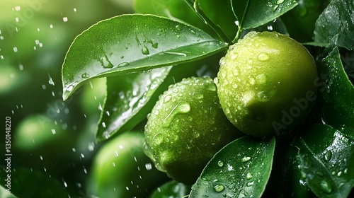 Verdant limes amidst a flurry of delicate leaves, captured in a rainshower